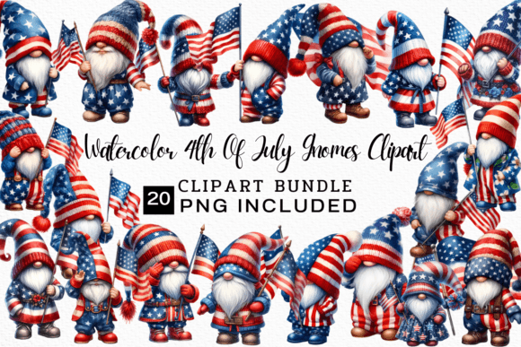 4th of July Gnome Watercolor Clipart Illustrations