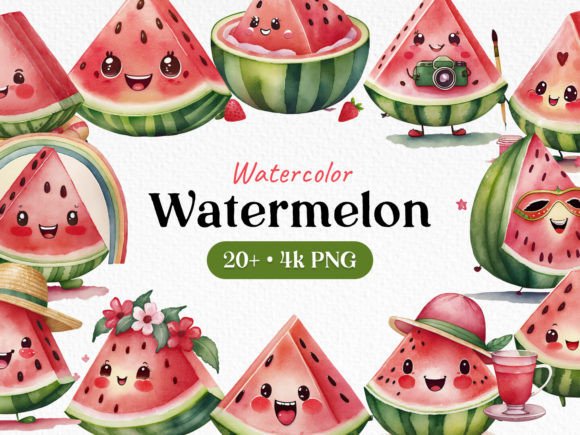 Bundle Watercolor Cute Watermelon PNG Illustrations