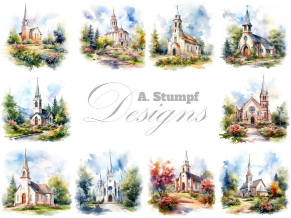 Church Watercolor Printable Clipart Set Illustrations