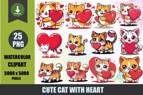 Cute Cat with Heart Watercolor Clipart B: Illustrations Review