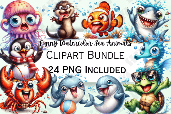 Cute Funny Watercolor Sea Animal Illustrations