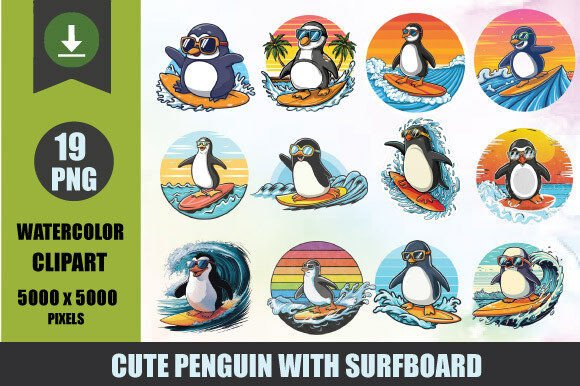 Cute Penguin Surfboard Illustrations for Branding