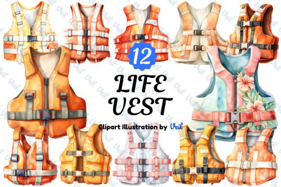 Life Vest Clipart Watercolor Bundle Illustrations