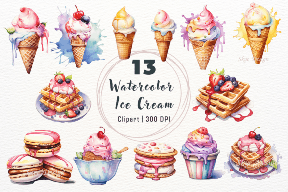 Pastel Watercolor Ice Cream Clipart Illustrations