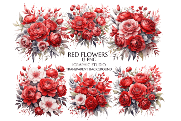 Red Flowers PNG Watercolor Illustrations for Branding