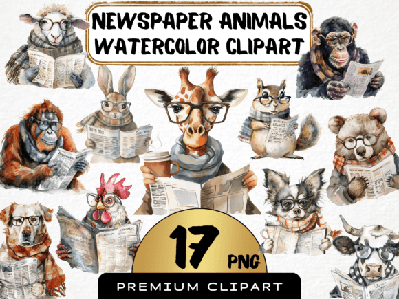 Watercolor Animals Reading Newspaper Illustrations Review