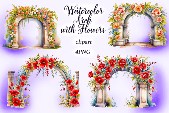 Watercolor Arch with Flowers Clipart Illustrations