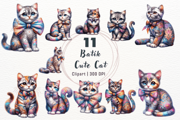 Watercolor Batik Cute Cat Clipart Review
