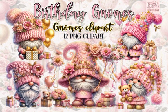 Watercolor Birthday Gnomes PNG Cliparts & Illustrations