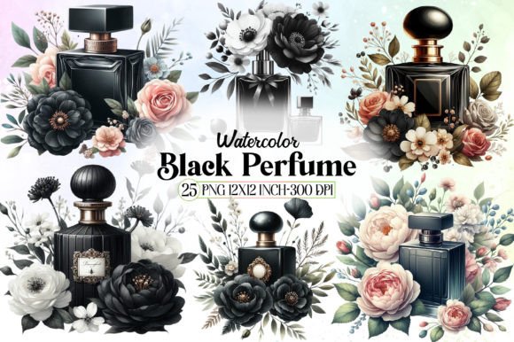 Watercolor Black Perfume Clipart: Elegant Illustrations