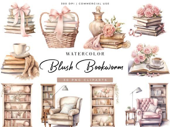 Watercolor Blush Bookworm Clipart Bundle Illustrations