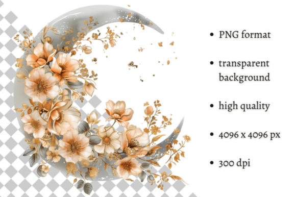 Watercolor Boho Floral Moon Clipart for Illustrations