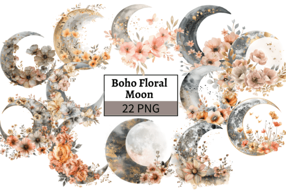 Watercolor Boho Floral Moon Illustrations for Web