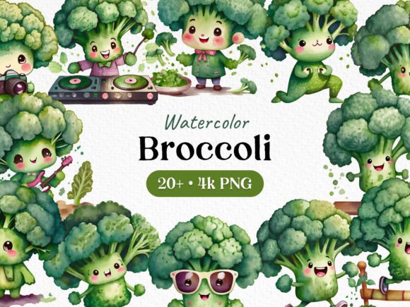 Watercolor Bundle Broccoli Clipart PNG Illustrations