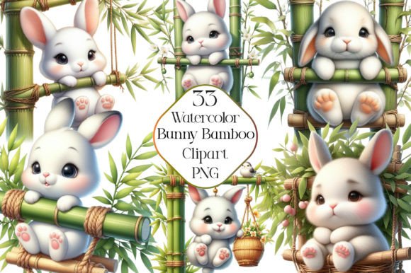 Watercolor Bunny with Bamboo Clipart for Illustrations