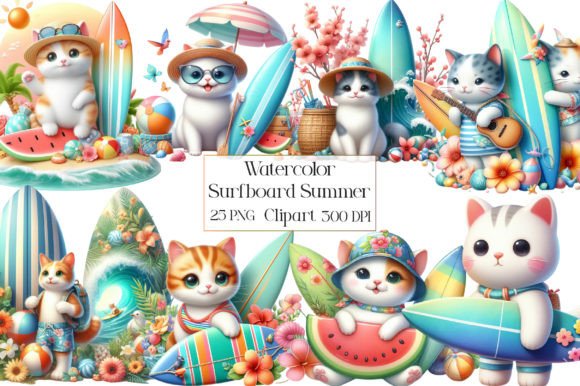 Watercolor Cat Surfboard Summer Clipart Illustrations