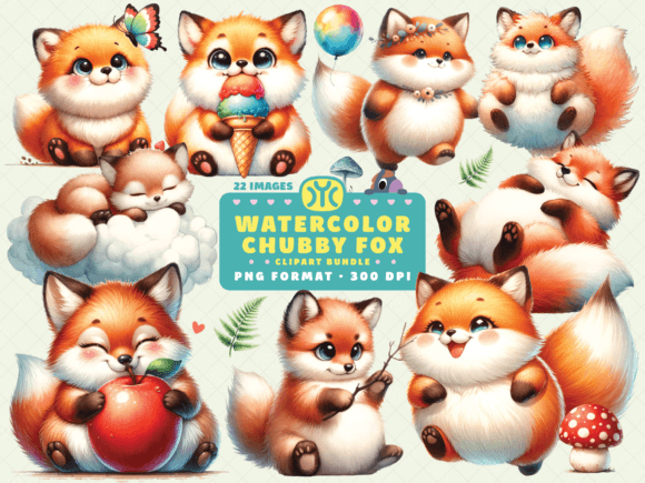 Watercolor Chubby Fox Clipart for Brand Illustrations