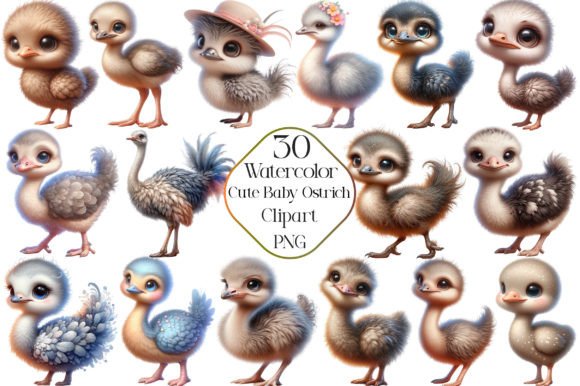 Watercolor Cute Baby Ostrich Clipart Illustrations