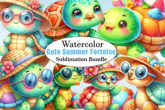 Watercolor Cute Summer Tortoise Clipart Illustrations