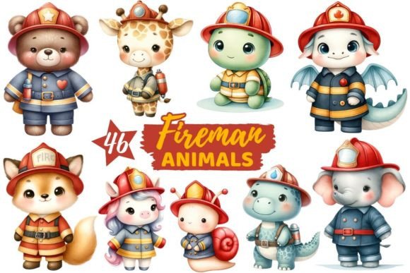Watercolor Firefighter Animals Illustrations for Editorial Use