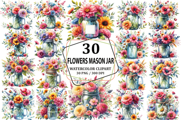 Watercolor Flowers Mason Jar Clipart PNG Illustrations