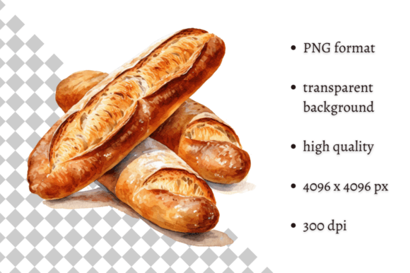 Watercolor French Baguette Clipart: Editorial Illustrations