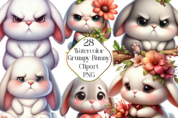 Watercolor Funny Grumpy Bunny Clipart Illustrations