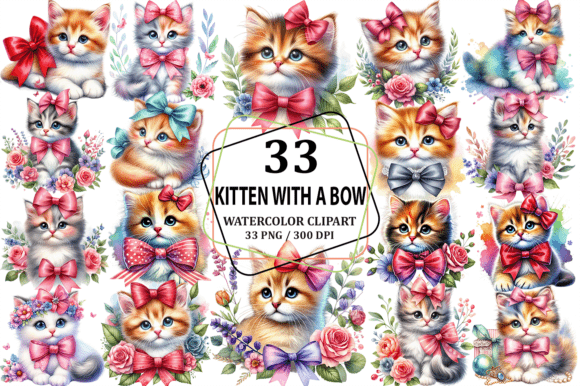 Watercolor Kitten Wearing a Bow Clipart Illustrations