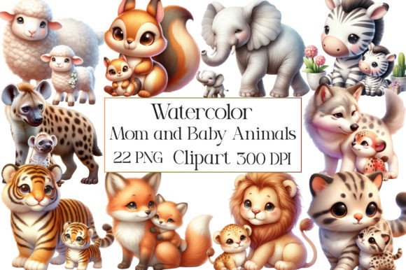 Watercolor Mom and Baby Animals Illustrations