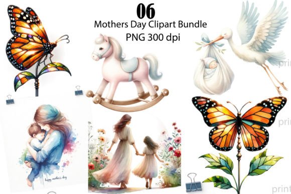 Watercolor Mothers Day PNG Clipart Bundle Illustrations