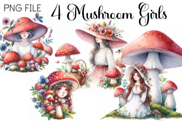 Watercolor Mushroom Ladies PNG: Editorial Illustrations