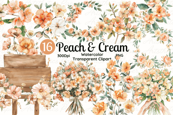 Watercolor Peach and Cream Flowers PNG Illustrations