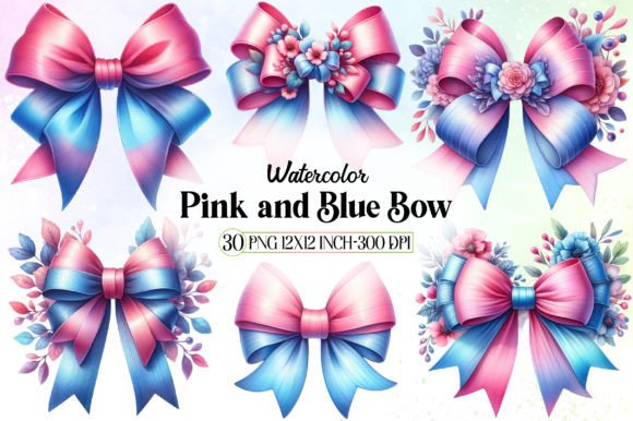 Watercolor Pink and Blue Bow Clipart Illustrations