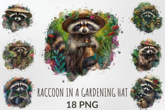 Watercolor Raccoon in a Gardening Hat Illustrations