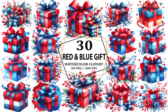 Watercolor Red Blue Gift Clipart PNG Illustrations