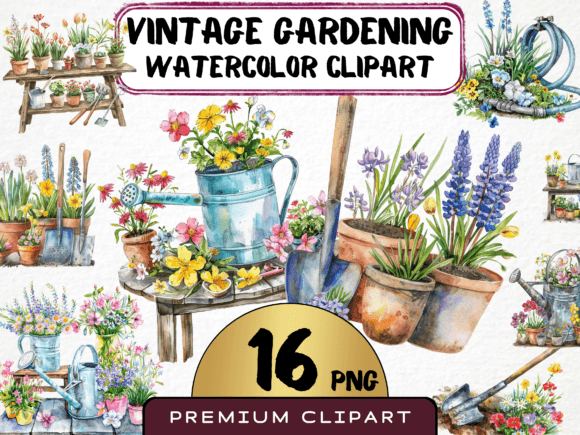 Watercolor Retro Gardening Tools Clipart Illustrations