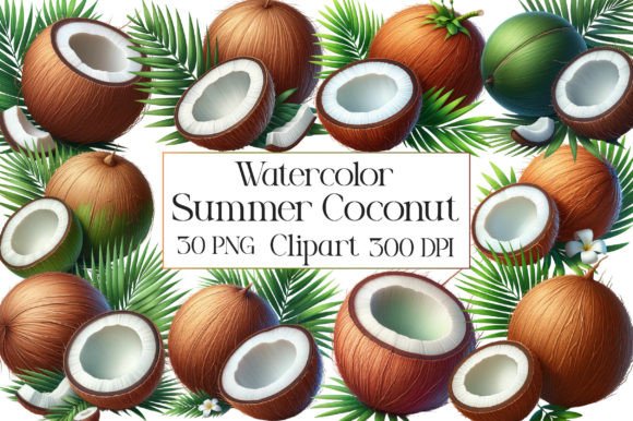 Watercolor Summer Coconut PNG Clipart Illustrations