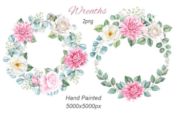 Wreath with Watercolor Leaves, Flowers Illustrations